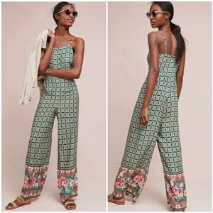 FARM RIO Anthropologie Honolulu Jumpsuit Floral Hibiscus Green Women’s Size XS